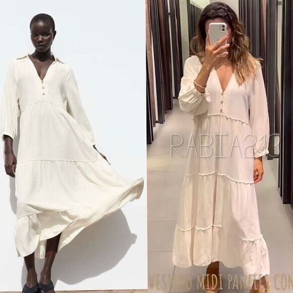 ZARA BOHO LINEN BLEND TIERED MIDI DRESS - Picture 1 of 15